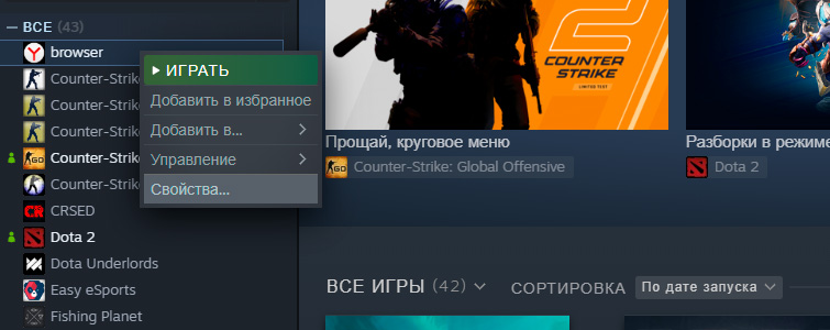 Свойства игры Steam