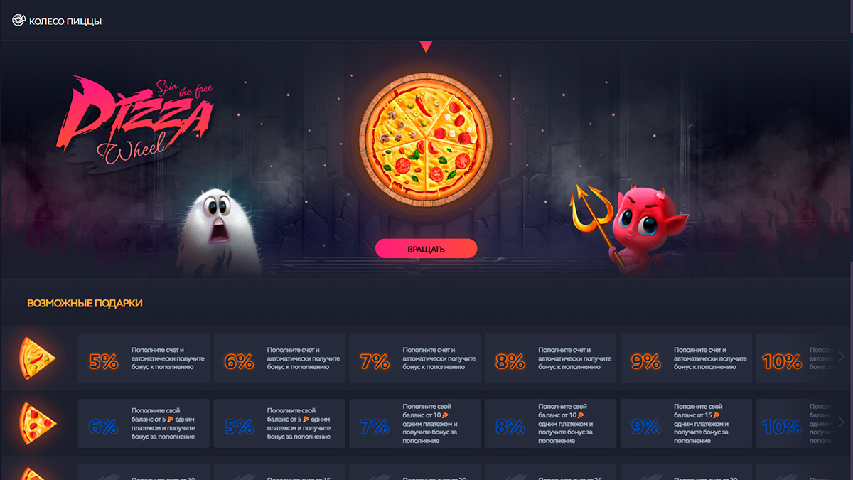 Колесо пиццы на сайте Hotpizza