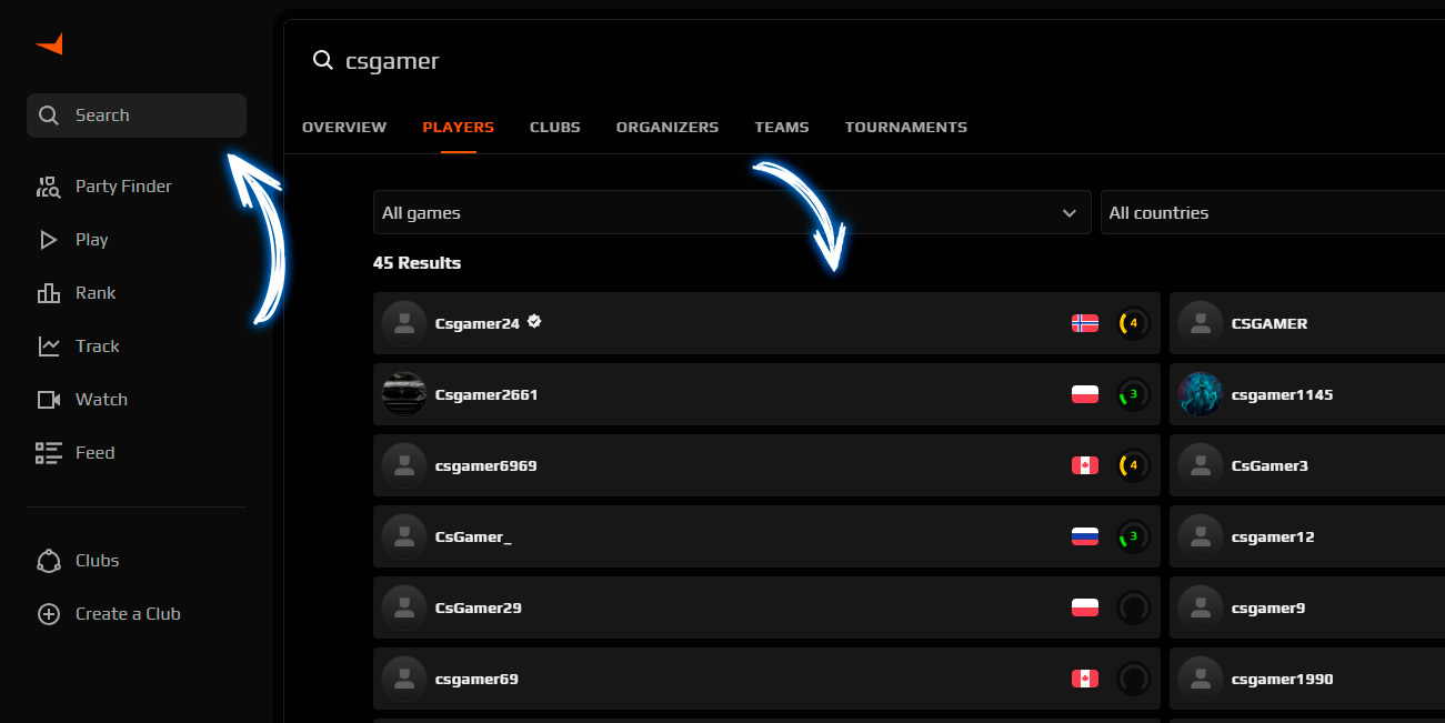 Поиск по никнейму на Faceit